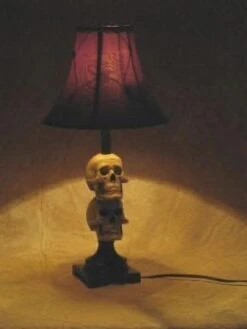 "Desk Lamp With 2 Mini-Skulls And Antique Shade" Haunted House Lighting 7 "Desk Lamp With 2 Mini-Skulls And Antique Shade" Haunted House Lighting -Halloween Props Shop desk lamp with 2 mini skulls and antique shade haunted house lighting 23696427969