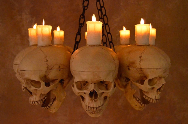 "Skull Chandelier With 8 Skulls And Flameless Candles" Haunted House Lighting 5 "Skull Chandelier With 8 Skulls And Flameless Candles" Haunted House Lighting - Image 3