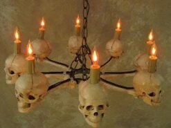 "Wagon Wheel Skull Chandelier" Haunted House Lighting 10 "Wagon Wheel Skull Chandelier" Haunted House Lighting -Halloween Props Shop wagon wheel skull chandelier haunted house lighting 23613684737