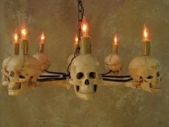 "Wagon Wheel Skull Chandelier" Haunted House Lighting 11 "Wagon Wheel Skull Chandelier" Haunted House Lighting -Halloween Props Shop wagon wheel skull chandelier haunted house lighting 23613686401